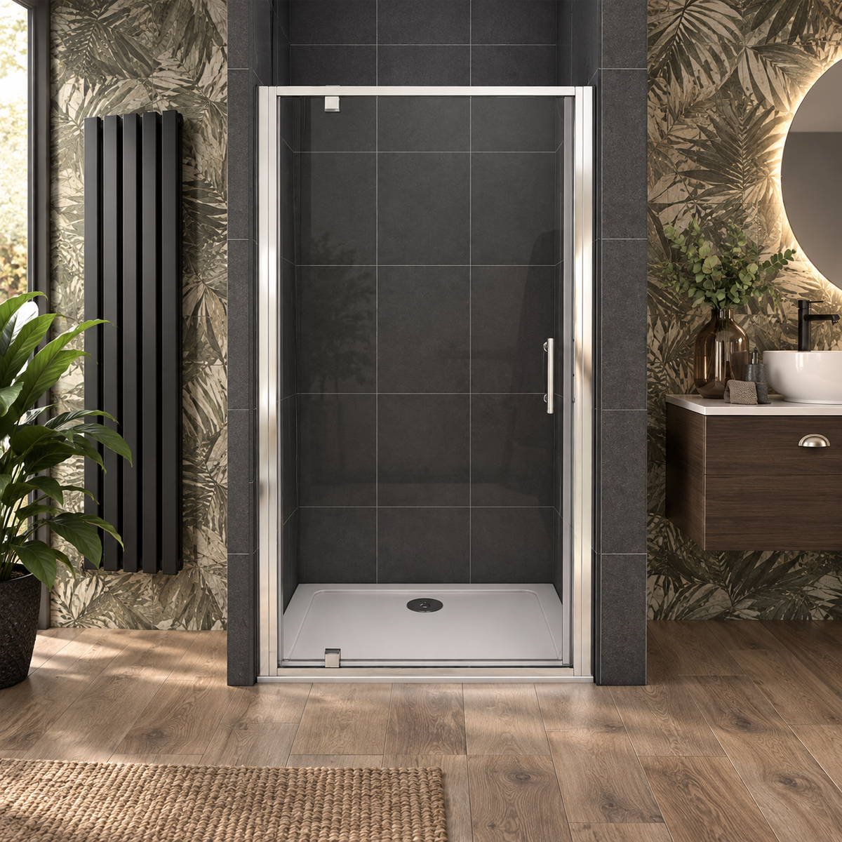 Vitrano chrome pivot shower door shown closed in a premium bathroom setting