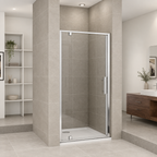Vitrano chrome pivot shower door with clear glass and polished chrome frame in a modern neutral bathroom