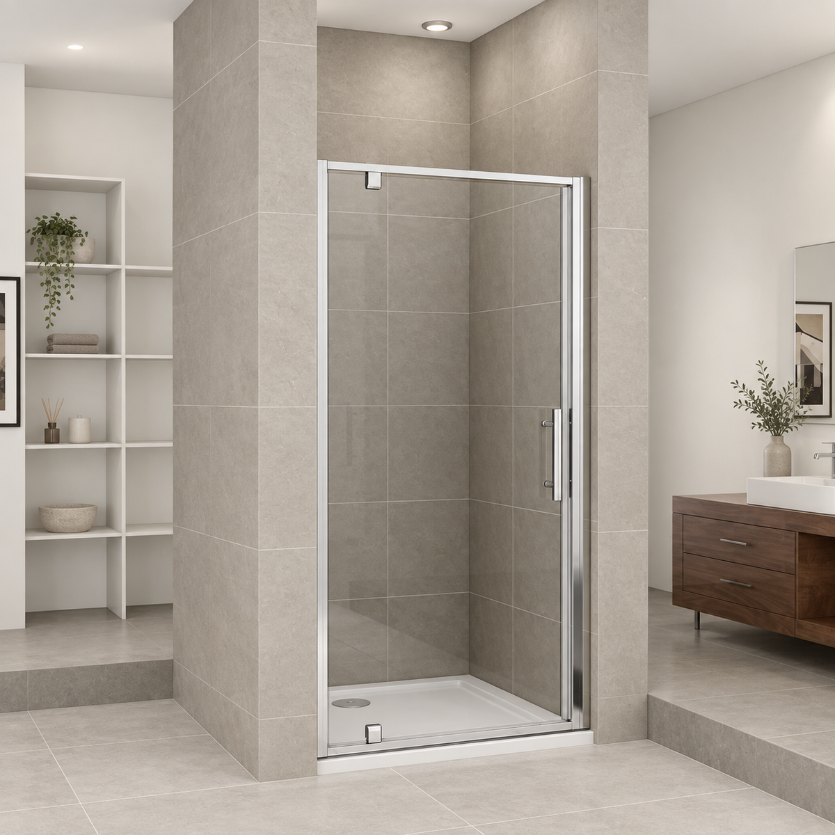 Vitrano chrome pivot shower door with clear glass and polished chrome frame in a modern neutral bathroom