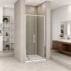 Vitrano chrome pivot shower door shown partially open with stainless steel bar handle