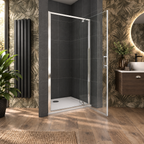 Vitrano chrome pivot shower door shown fully open with polished chrome frame and clear glass