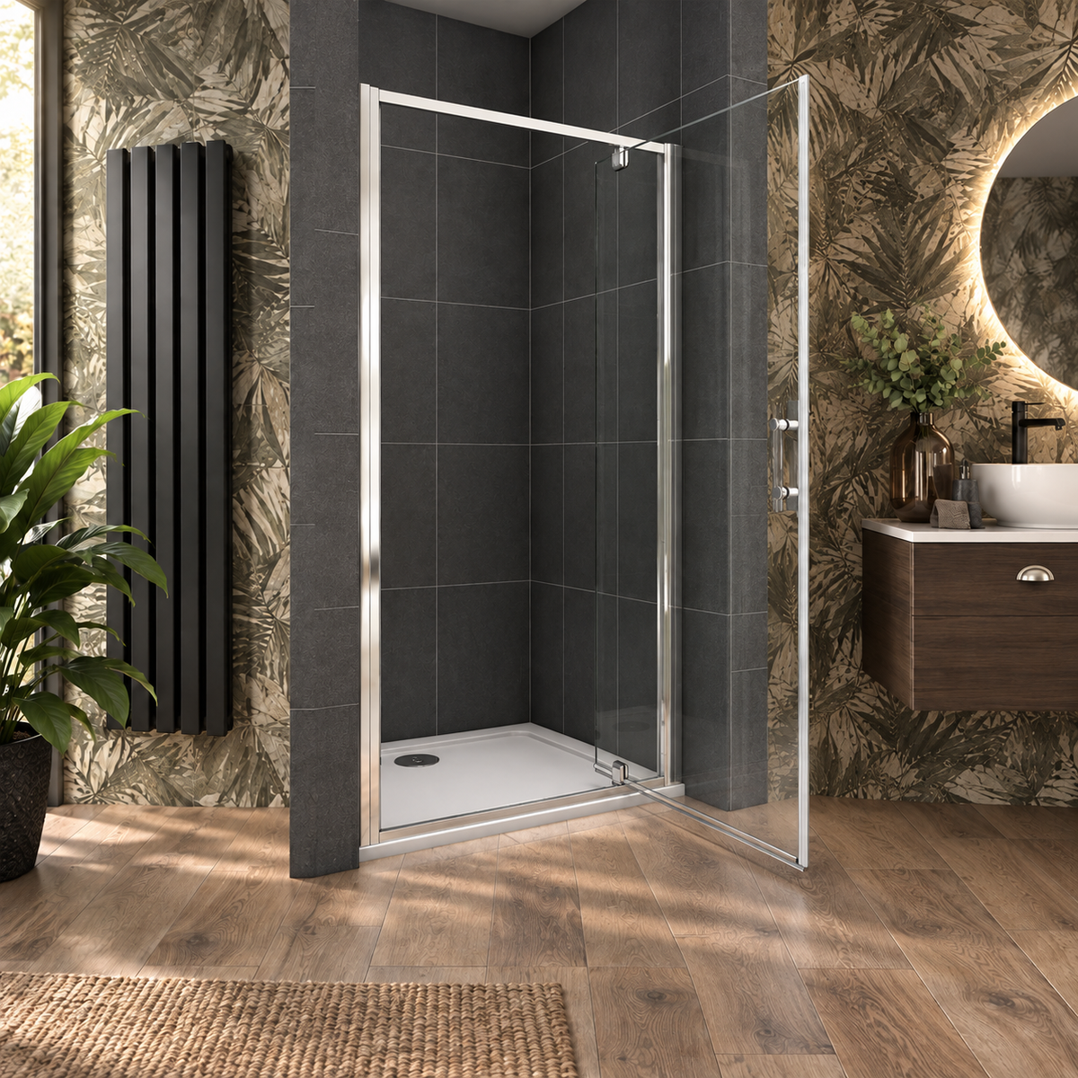 Vitrano chrome pivot shower door shown fully open with polished chrome frame and clear glass
