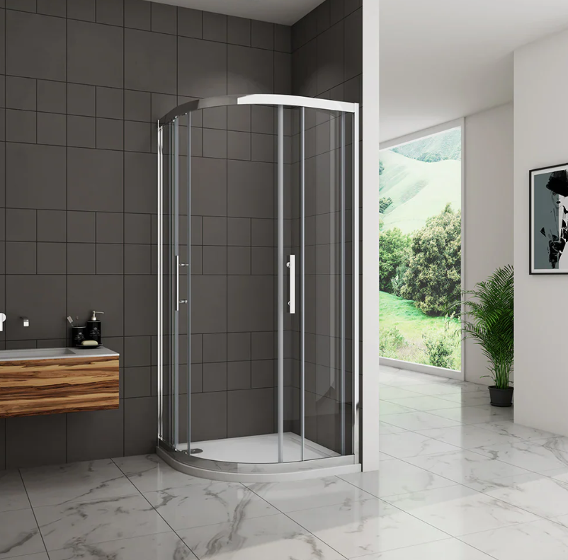 Chrome Quadrant Shower Enclosure Installed In Modern Grey Bathroom Setting