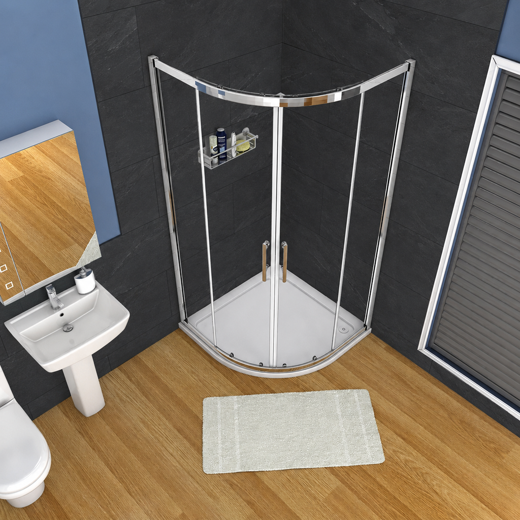 Angled view of the Vitrano chrome quadrant shower enclosure and curved sliding doors