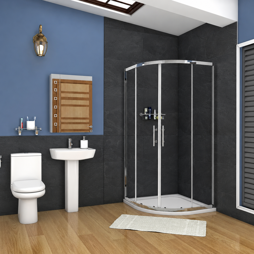 Vitrano chrome quadrant shower enclosure installed in a modern black-tiled bathroom