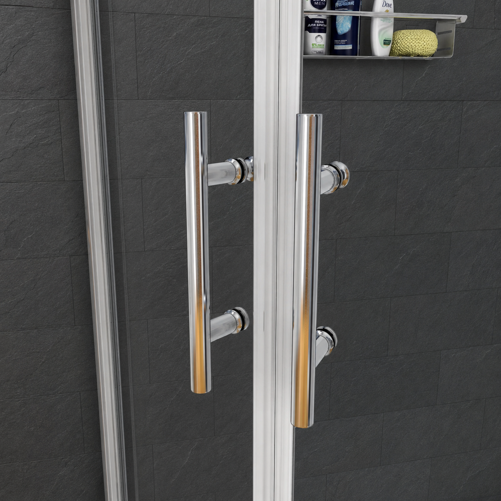 Close-up of the polished chrome handles on the Vitrano quadrant shower enclosure