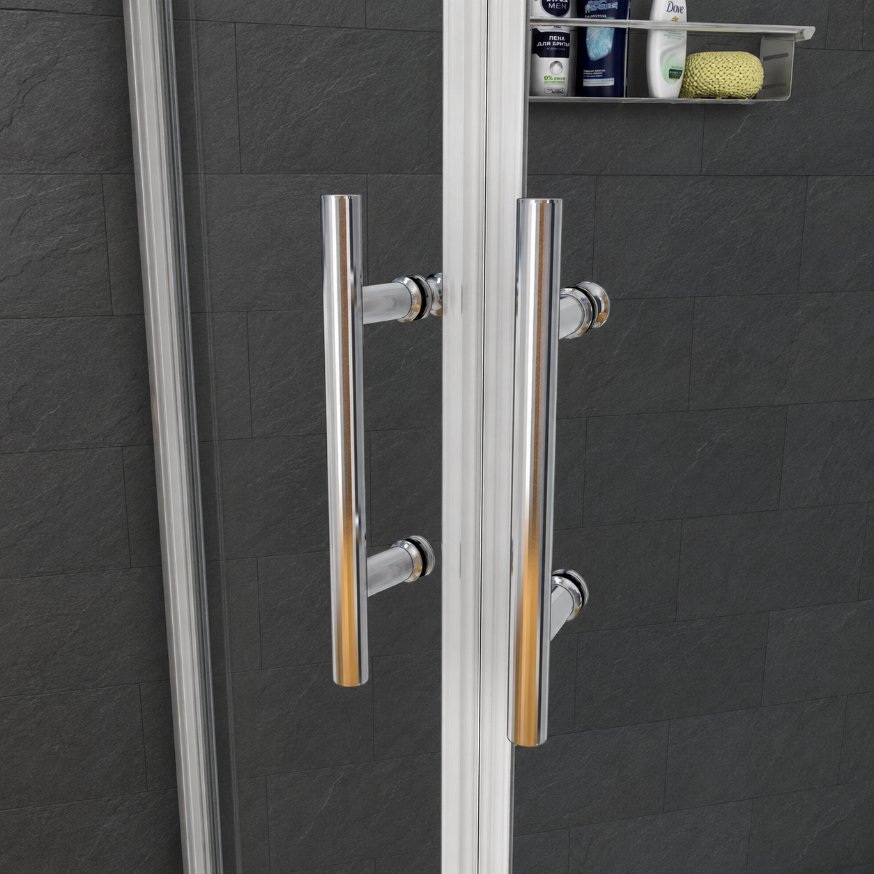 Close-up of the polished chrome handles on the Vitrano quadrant shower enclosure