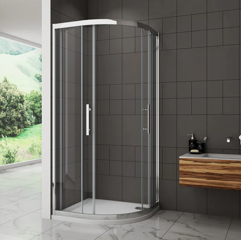 Front Angled View Of Chrome Quadrant Shower Enclosure With Curved Glass Doors