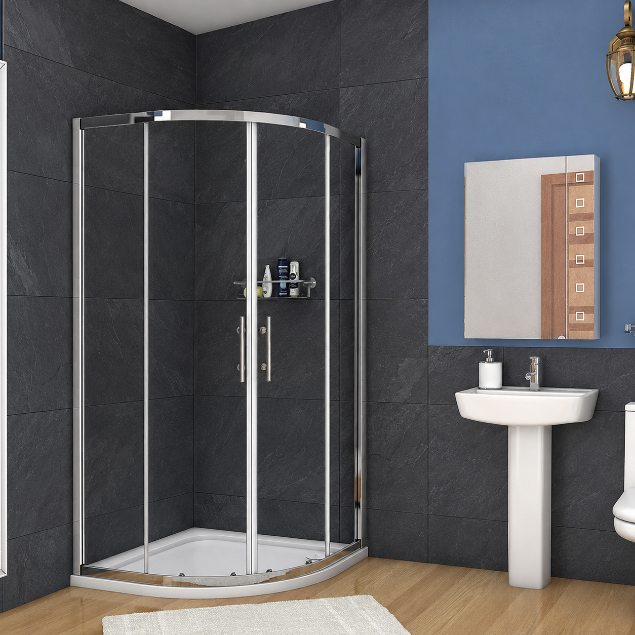 Front view of the Vitrano chrome quadrant shower enclosure with clear glass doors
