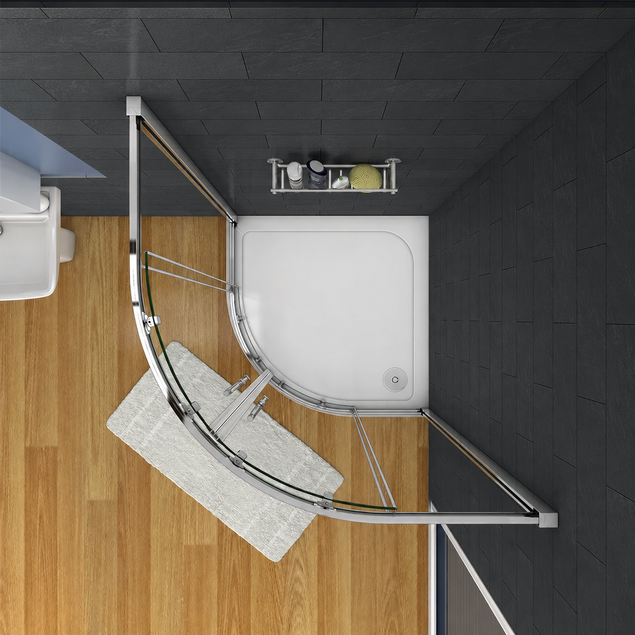 Opposite overhead view of the Vitrano chrome quadrant enclosure door opening