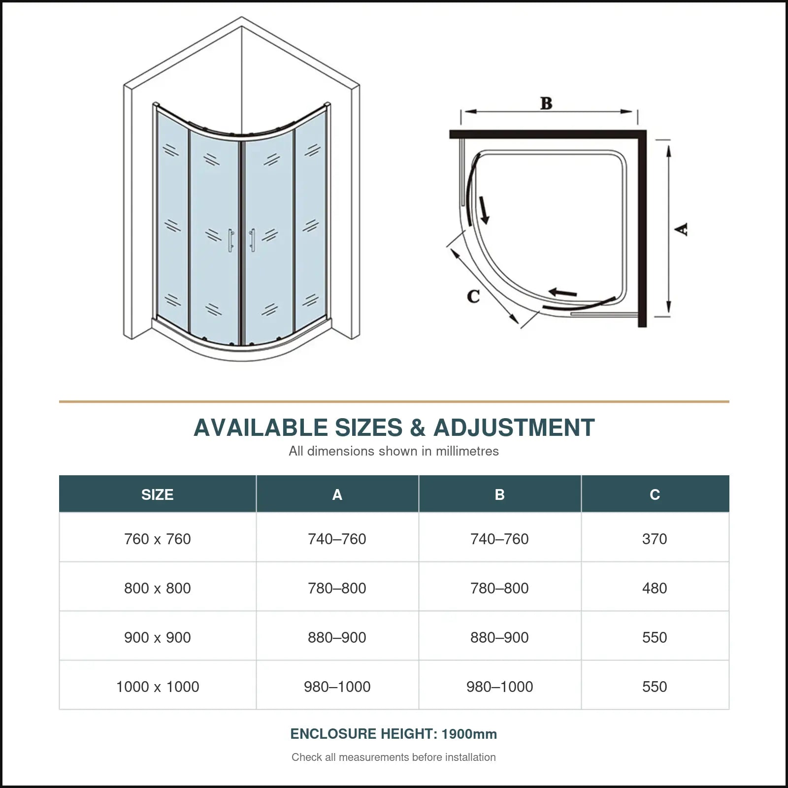 Vitrano chrome quadrant shower enclosure size guide with adjustment ranges and entry widths