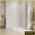  Vitrano chrome rounded corner walk in shower screen with 8mm clear glass in a light modern bathroom.