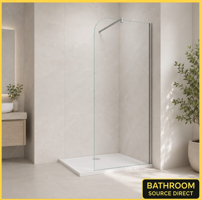  Vitrano chrome rounded corner walk in shower screen with 8mm clear glass in a light modern bathroom.