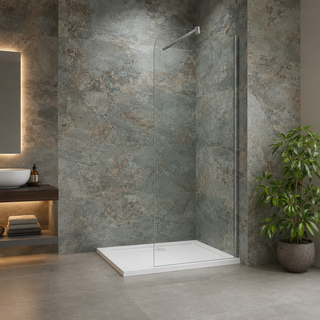 Vitrano chrome rounded corner walk in shower screen with 8mm clear glass in a modern tiled bathroom