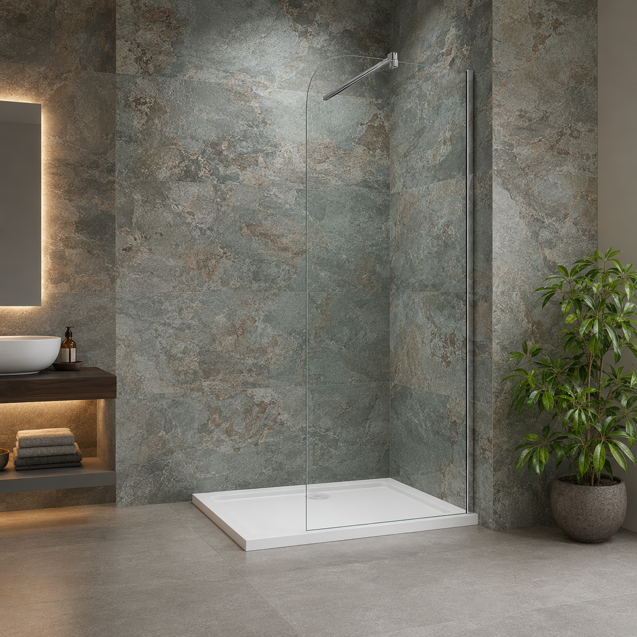 Vitrano chrome rounded corner walk in shower screen with 8mm clear glass in a modern tiled bathroom