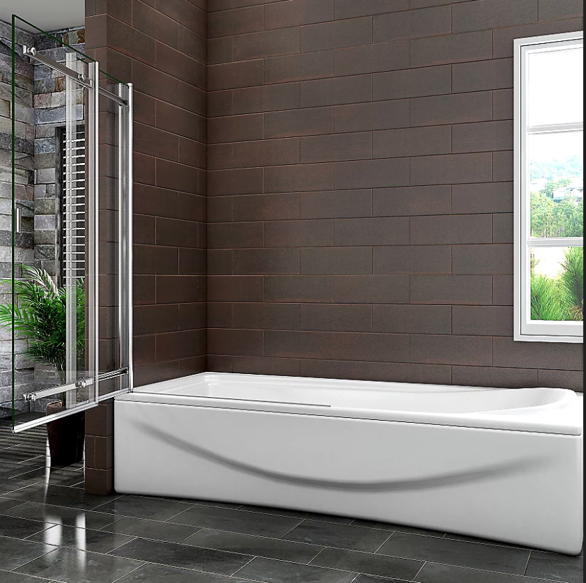 Chrome sliding bath shower screen installed on bathtub in modern bathroom setting