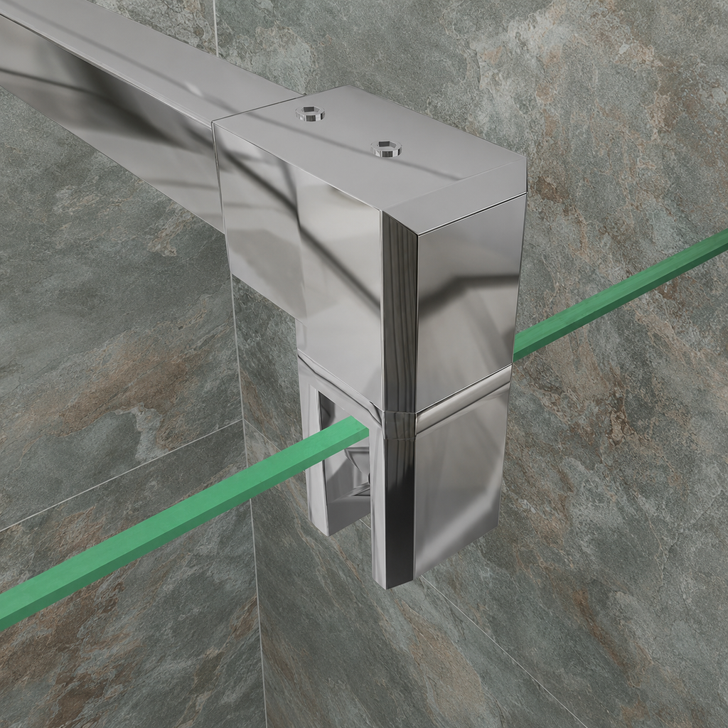 Close-up of the chrome support bar clamp fitted to the 8mm glass walk in shower screen