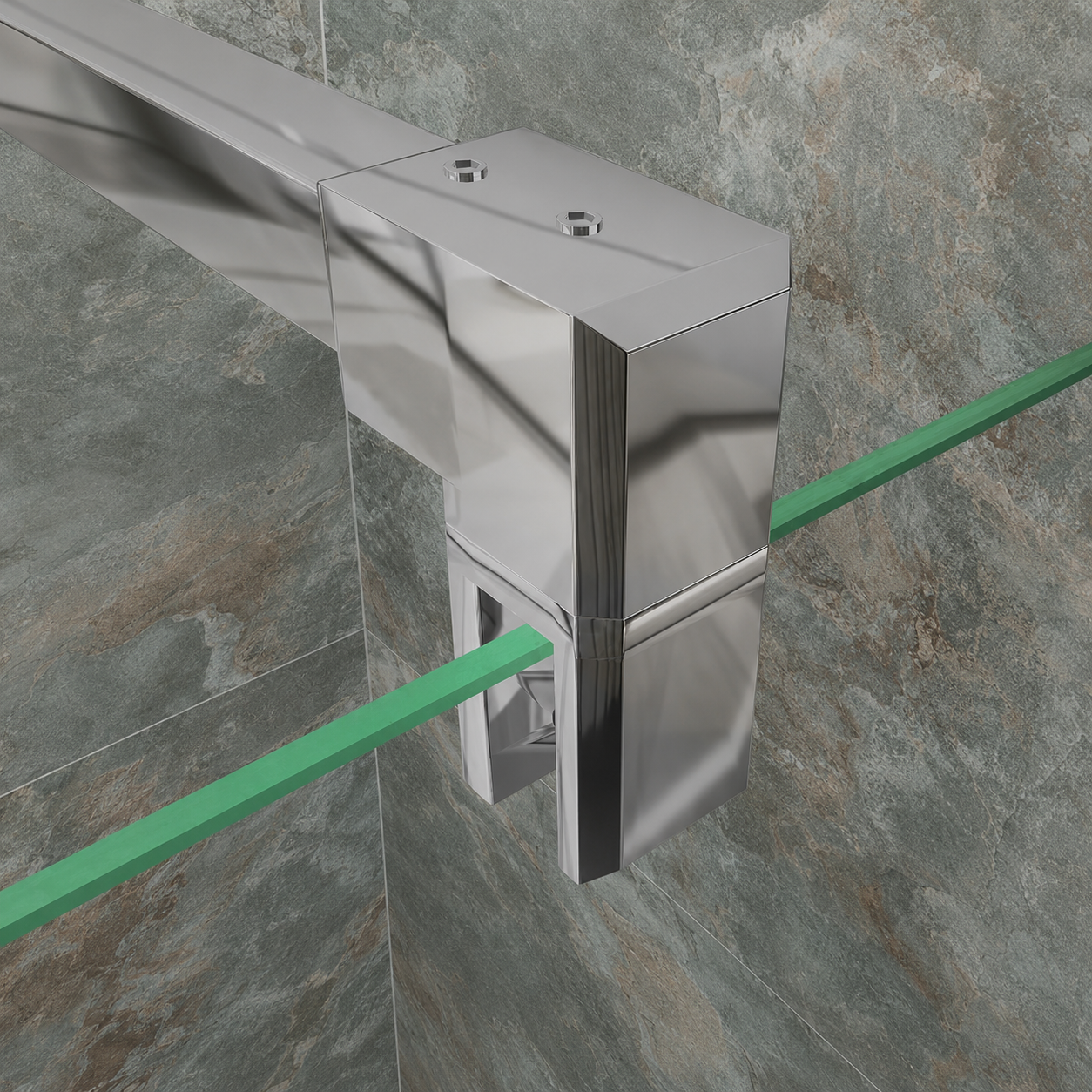 Close-up of the chrome support bar clamp fitted to the 8mm glass walk in shower screen