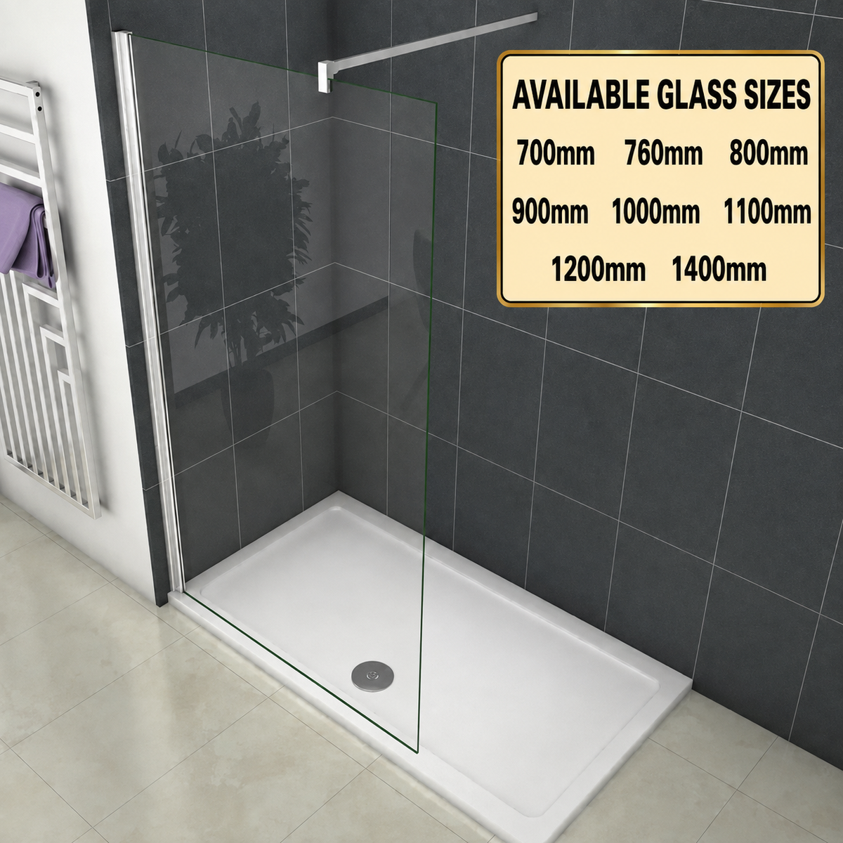 A frameless clear glass shower screen installed in a white shower base with dark gray tiled walls. A beige graphic overlay in the top right lists available glass sizes from 700mm to 1400mm.