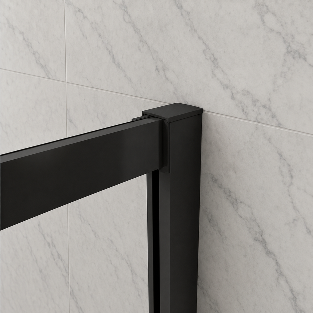 Adjustable matt black wall profile on the Vitrano corner entry shower enclosure