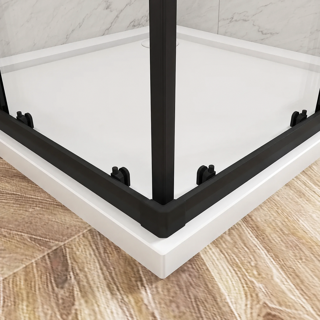 Matt black bottom rail and pivot fittings on the Vitrano corner entry shower enclosure