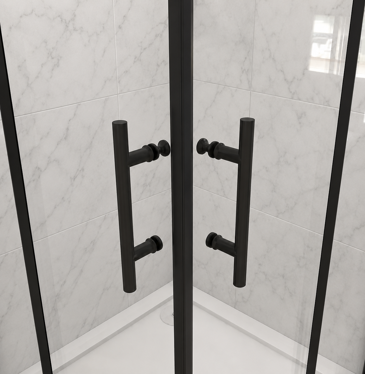 Matt black twin door handles on the Vitrano corner entry shower enclosure