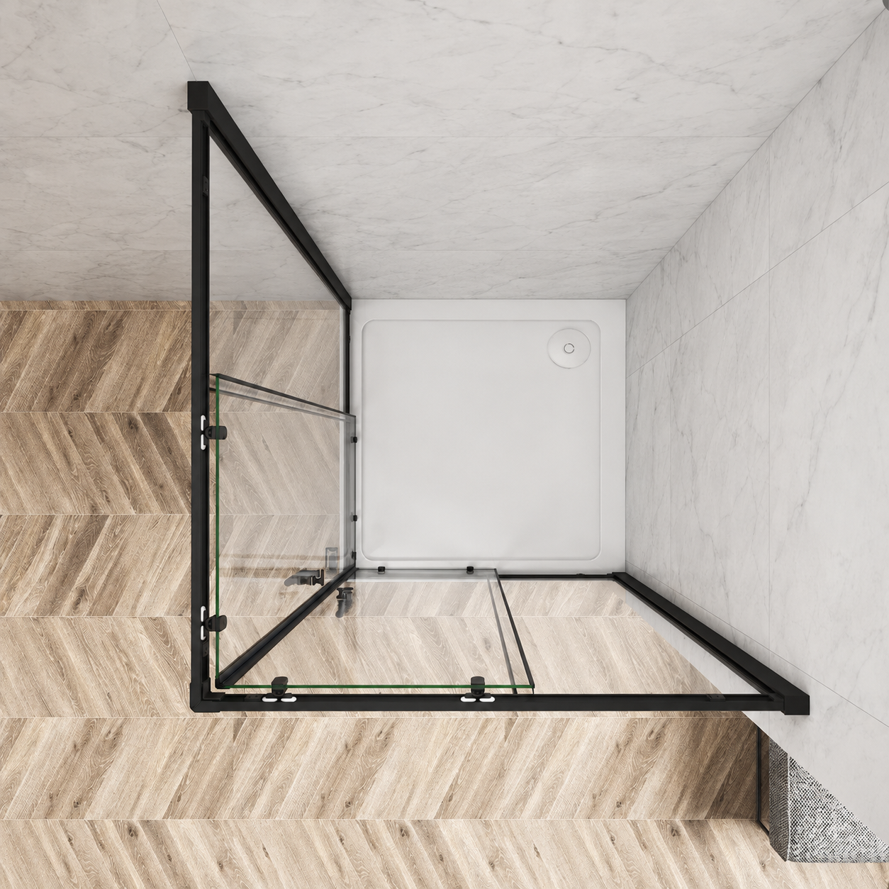 Overhead view of the Vitrano corner entry shower enclosure with both pivot doors open