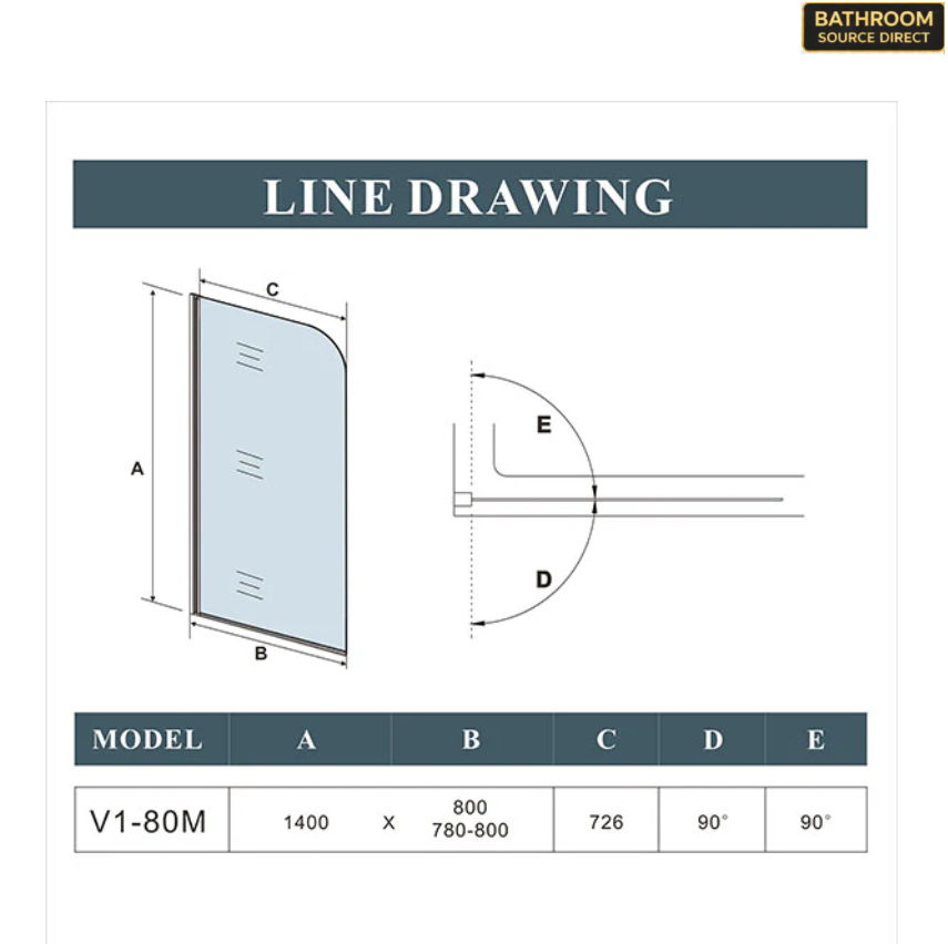 Technical drawing of curved bath shower screen showing dimensions, glass panel size and opening angles