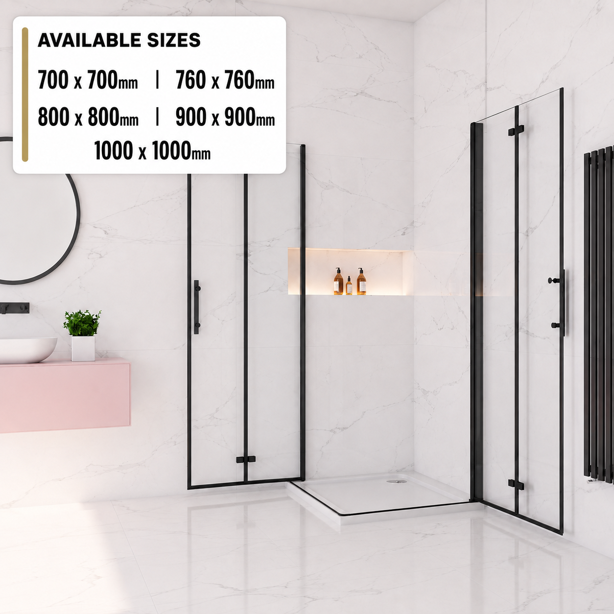 Vitrano double bi fold square shower enclosure available in 700mm, 760mm, 800mm, 900mm and 1000mm sizes