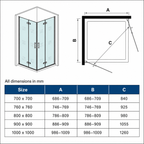 Vitrano double bi fold square shower enclosure dimensions and adjustment ranges for all available sizes