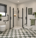 Vitrano double bi fold shower enclosure fully open with shower stool and grab rails showing easier assisted access