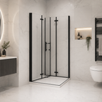 Vitrano matt black shower enclosure with both bi fold doors partially folded open