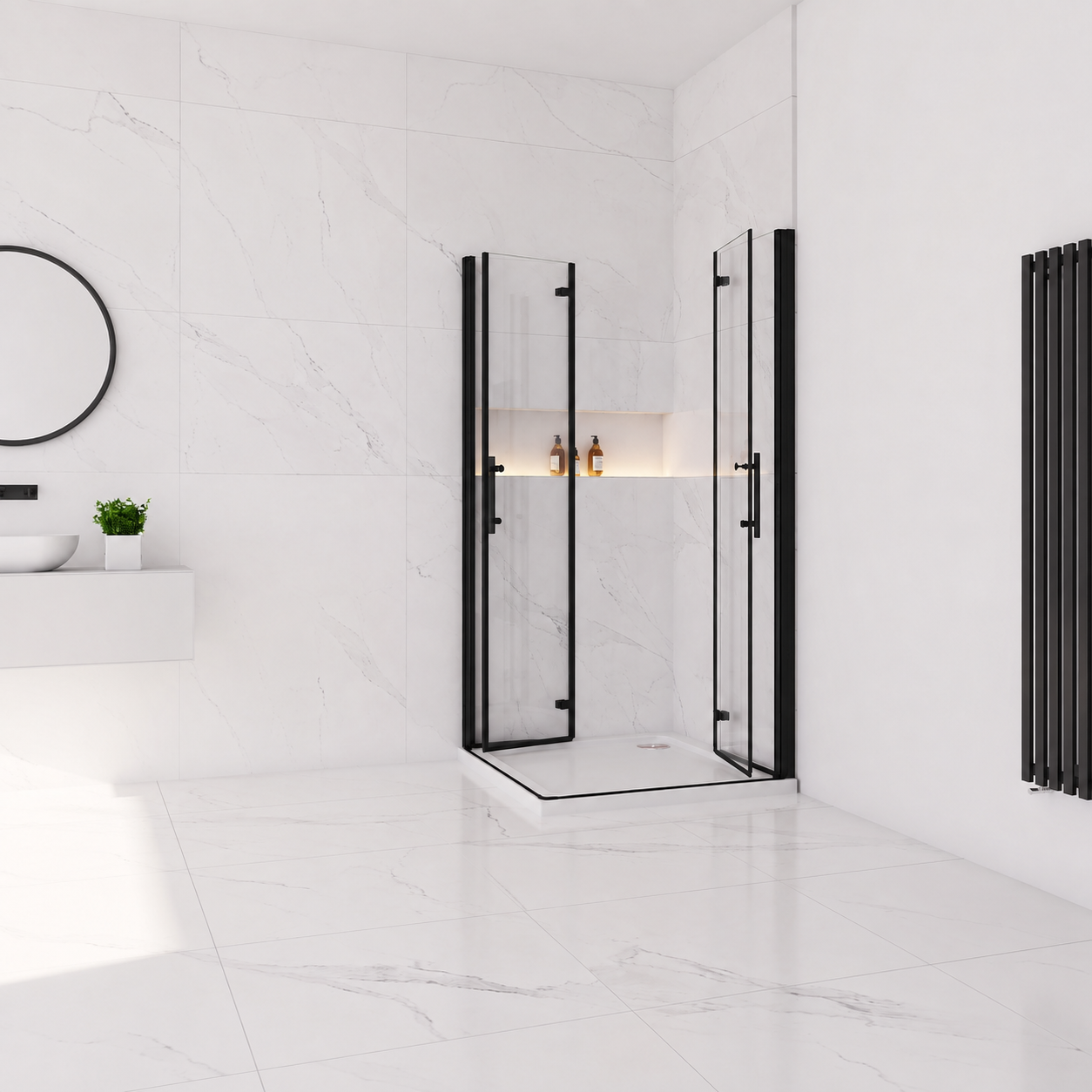 Vitrano matt black double bi fold shower enclosure fully open to show the wide corner entrance