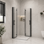 Vitrano double bi fold square shower enclosure open in a modern Carrara marble bathroom