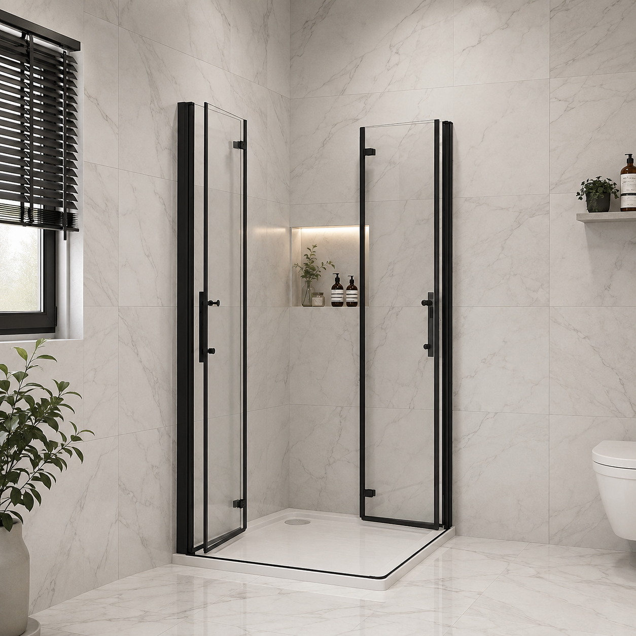 Vitrano double bi fold square shower enclosure open in a modern Carrara marble bathroom
