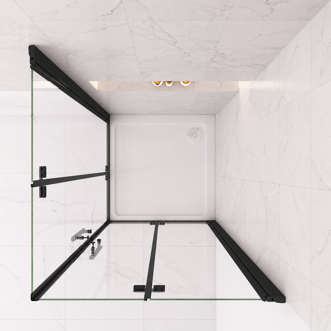 Overhead view showing the inward and outward opening action of the Vitrano double bi fold shower enclosure