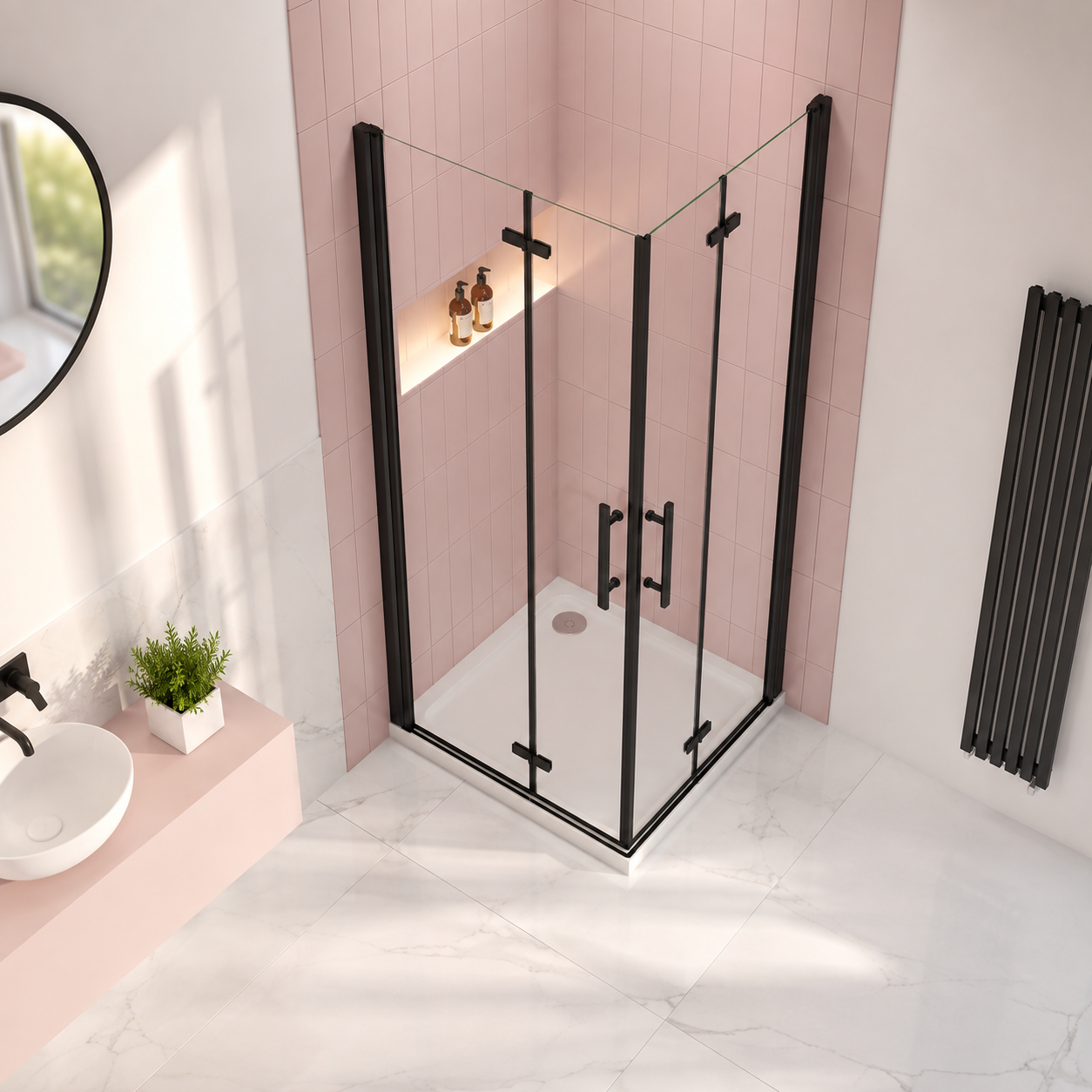 Vitrano matt black double bi fold square shower enclosure in a contemporary pink tiled bathroom