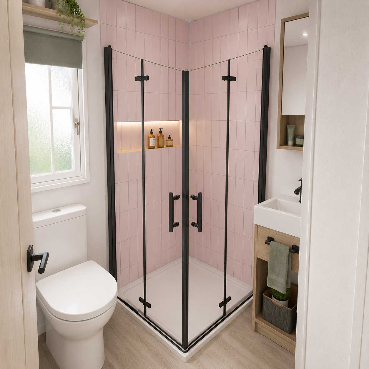 Vitrano double bi fold square shower enclosure fitted in a compact static caravan bathroom
