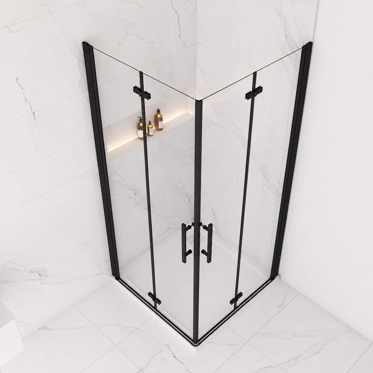 Elevated view of the Vitrano matt black double bi fold square shower enclosure with doors closed