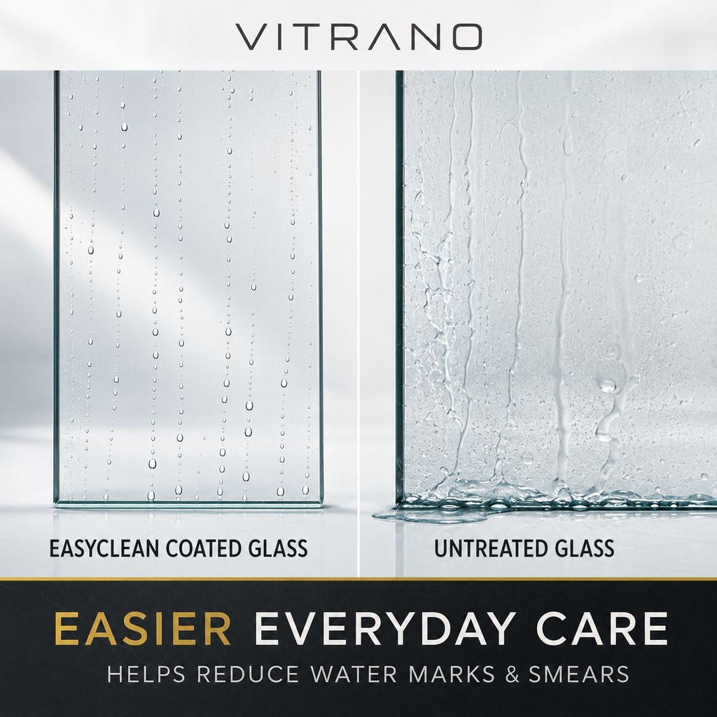Comparison of Vitrano EasyClean coated shower glass and untreated glass showing reduced water marks and smears