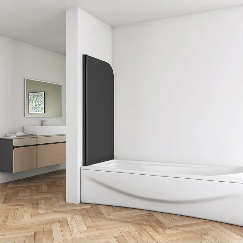 Folding bath shower screen in open position showing clean modern bathroom space