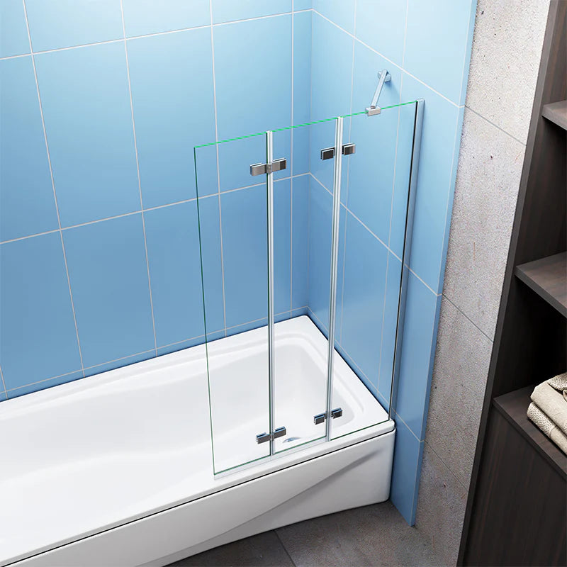 Side view of folding bath shower screen showing panel positioning and entry access