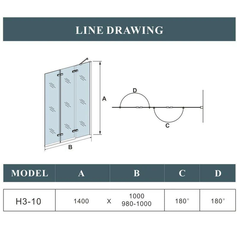 Technical drawing of folding bath shower screen with dimensions and panel configuration
