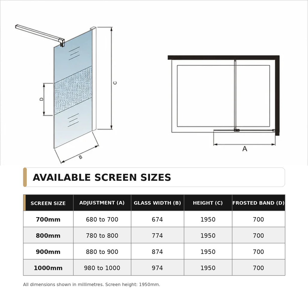 A technical dimension diagram showing a screen door with labeled measurements A, B, C, and D, plus a table below listing available screen sizes in millimetres.