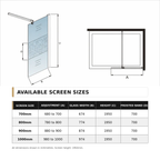 A technical dimension diagram showing a screen door with labeled measurements A, B, C, and D, plus a table below listing available screen sizes in millimetres.
