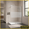 Vitrano frosted centre walk in shower screen in a modern bathroom with chrome shower and niche