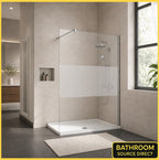 Vitrano frosted centre walk in shower screen in a modern bathroom with chrome shower and niche