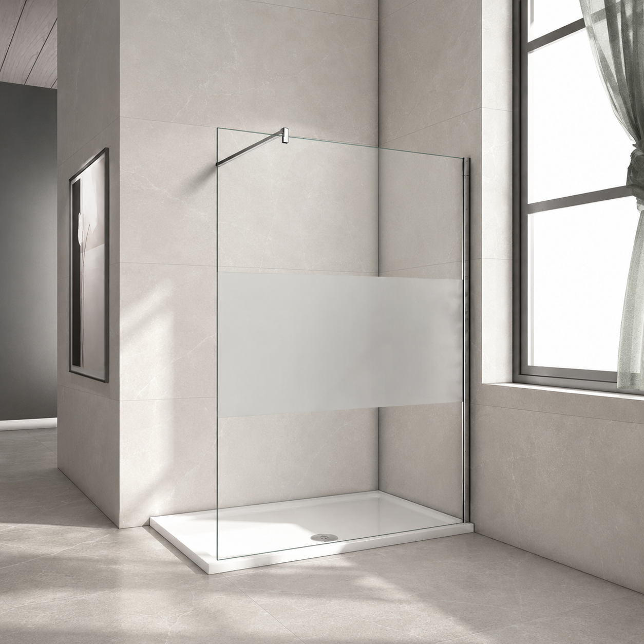 Vitrano frosted centre walk in shower screen with 8mm glass and polished chrome profile