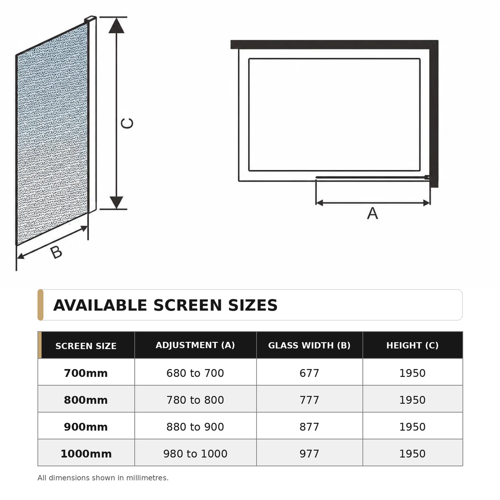 Vitrano full frosted shower screen dimensions for 700mm 800mm 900mm and 1000mm widths