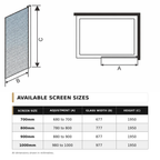 Vitrano full frosted shower screen dimensions for 700mm 800mm 900mm and 1000mm widths